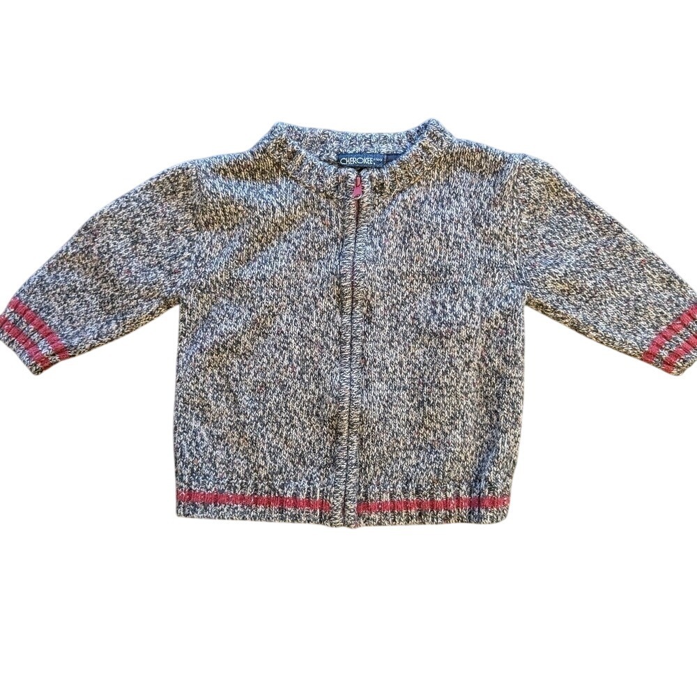 Cherokee‎ Zip Up Cardigan Kids 12M Grey Marled Red Stripe Knit Sweater